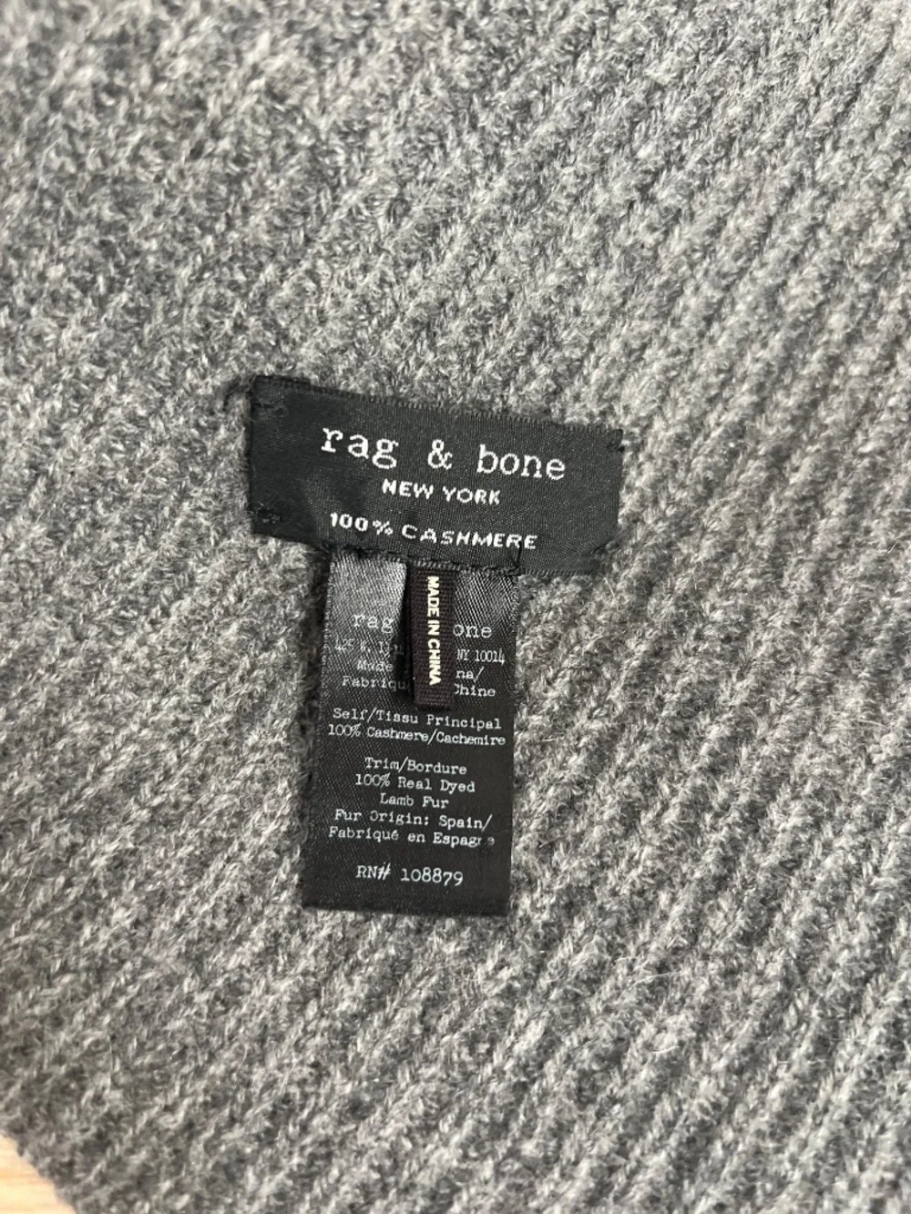 Rag & Bone 100% Cashmere Scarf Gray Black Fur Pom Poms